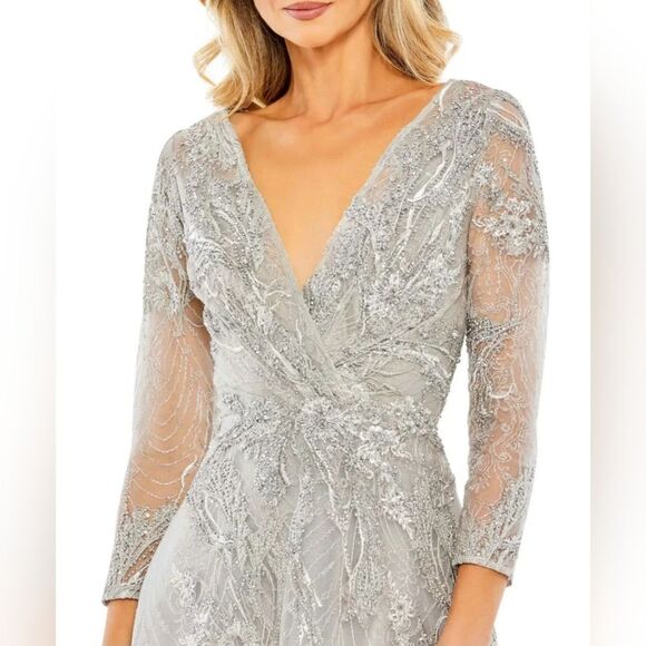 Mac Duggal EMBELLISHED WRAP OVER 3/4 SLEEVE DRESS NWOT sz 16 Platinum (20336) - Picture 3 of 7